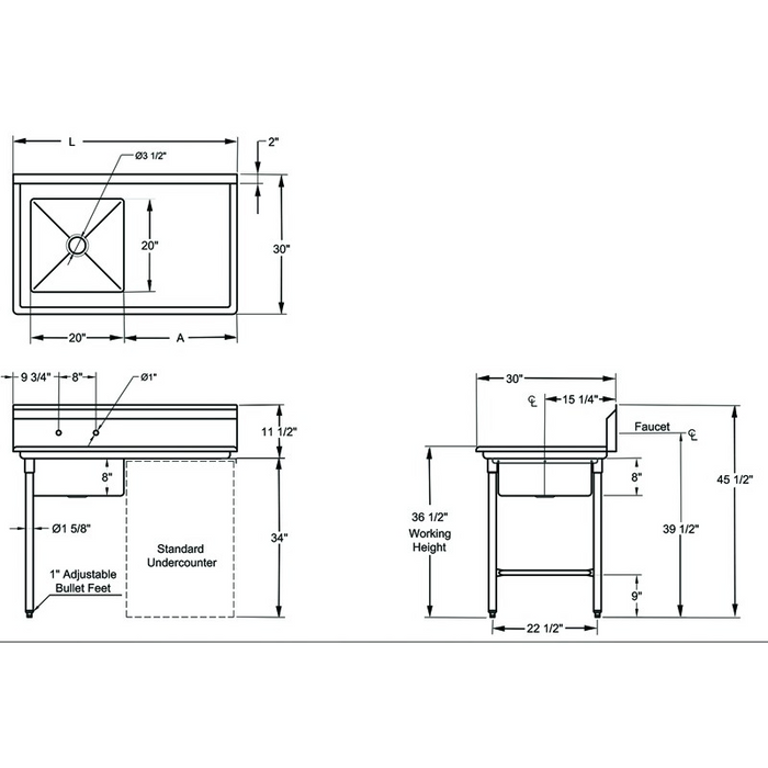 Stainless Steel Under Counter Dishtable