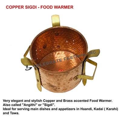 Copper food warmer sigdi with ring handles for easy serving and movement