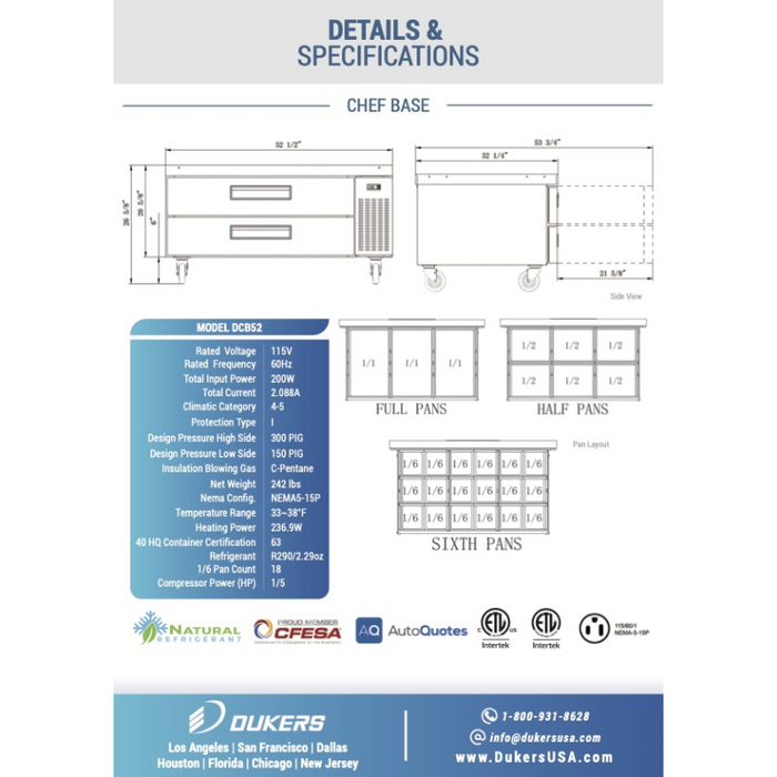 Dukers Chef Base Refrigerators DCB52-D2 Chef Base Refrigerator with 2 Drawers
