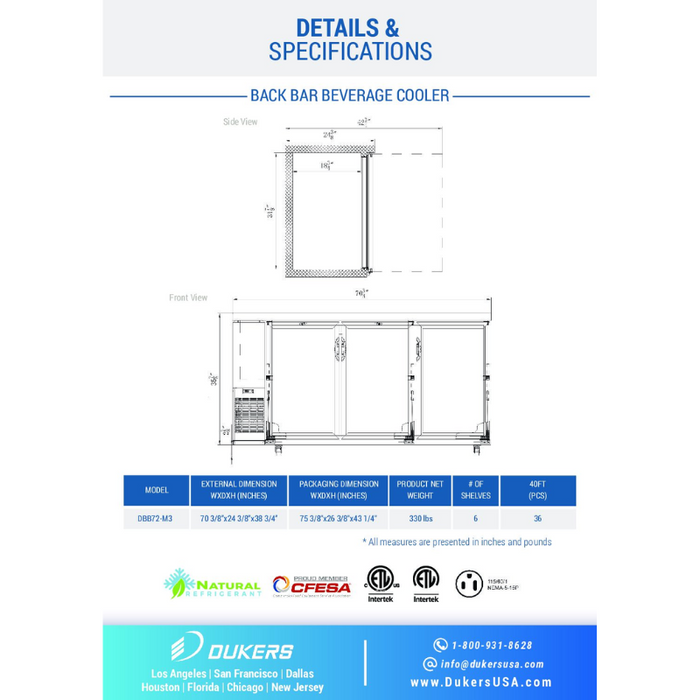 Dukers Bar Beverage Cooler Refrigerator DBB72-M3 3-Door Bar and Beverage Cooler (Solid Doors)