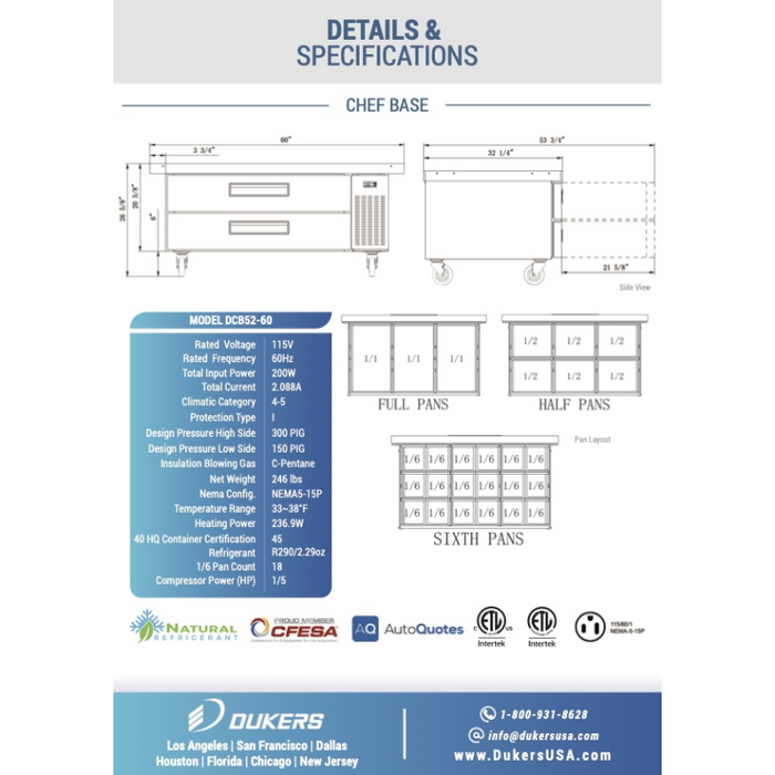 Dukers Chef Base Refrigerators DCB52-60-D2 Chef Base Refrigerator with 2 Drawers