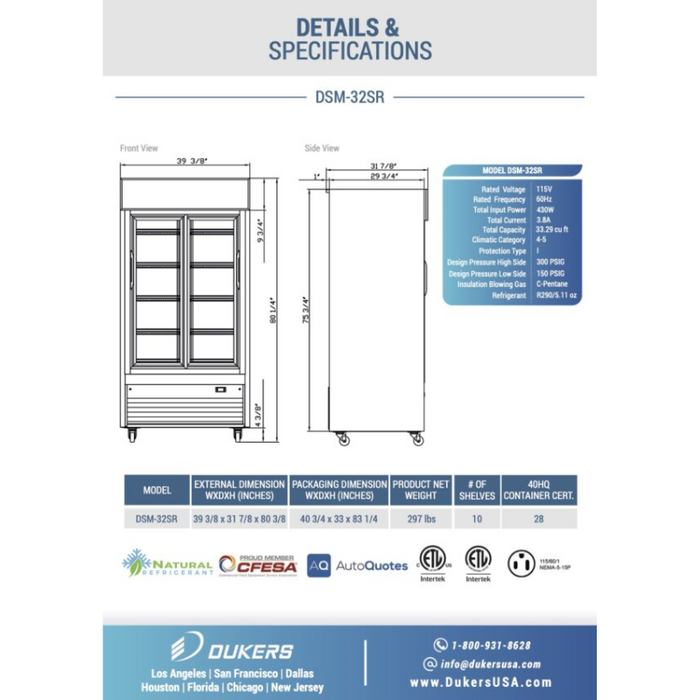 Dukers Glass Door Merchandiser Refrigerator DSM-32SR Commercial Glass Sliding 2-Door Merchandiser Refrigerator