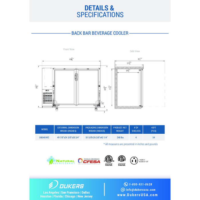 Dukers Bar Beverage Cooler Refrigerator DBB48-M2 2-Door Bar and Beverage Cooler (Solid Doors)