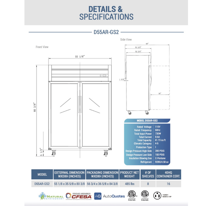 Dukers Reach-Ins Refrigerator D55AR-GS2 Top Mount Glass 2-Door Commercial Reach-in Refrigerator