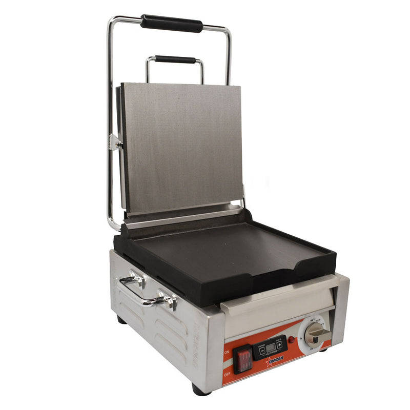 Omcan PG-CN-0515-FT Single Panini Grill with Smooth Plates and Timer – 10″ x 11″ Cooking Surface – 120V, 1800W