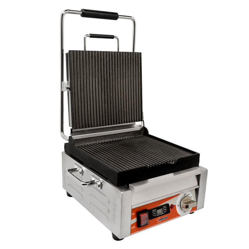 Omcan PG-CN-0515-RT Single Panini Grill with Grooved Plates and Timer – 10″ x 11″ Cooking Surface – 120V, 1800W