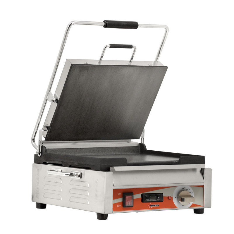 Omcan PG-CN-0679-FT Single Panini Grill with Smooth Plates and Timer – 12″ x 15″ Cooking Surface – 120V, 1800W