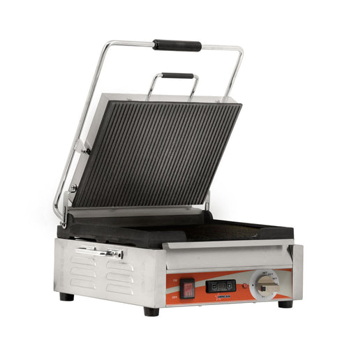 Omcan PG-CN-0679-RT Single Panini Grill with Grooved Plates and Timer – 12″ x 15″ Cooking Surface – 120V, 1800W
