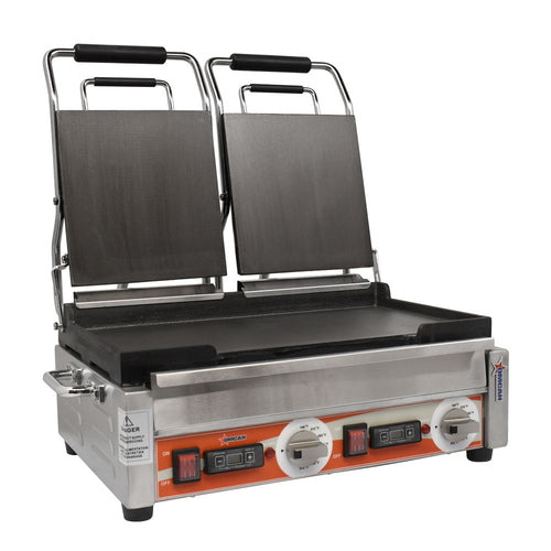 Omcan PG-CN-0711-FT Double Panini Grill with Smooth Plates and Timer – 10″ x 18″ Cooking Surface – 220V, 3200W