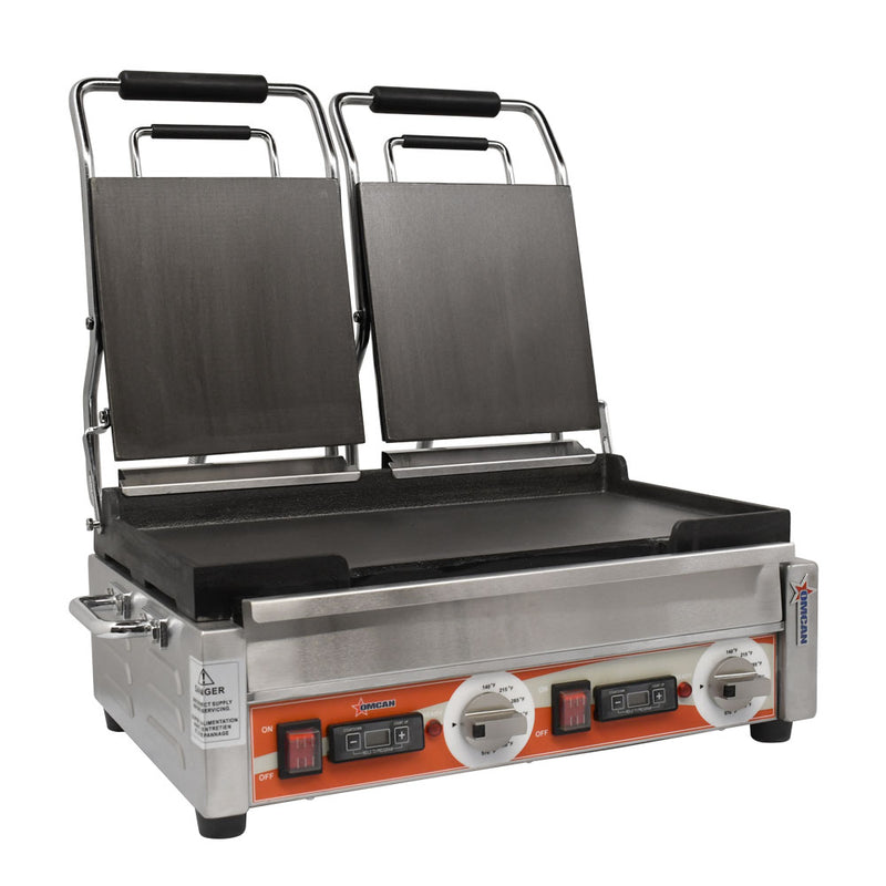 Omcan PG-CN-0711-FT Double Panini Grill with Smooth Plates and Timer – 10″ x 18″ Cooking Surface – 220V, 3200W