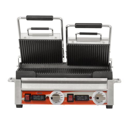 Omcan PG-CN-0711-RT Double Panini Grill with Grooved Plates and Timer – 10″ x 18″ Cooking Surface – 220V, 3200W
