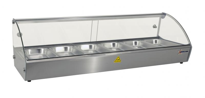 Omcan DW-CN-0006 44-inch Countertop Curved Glass Display Warmer with 6 Pans