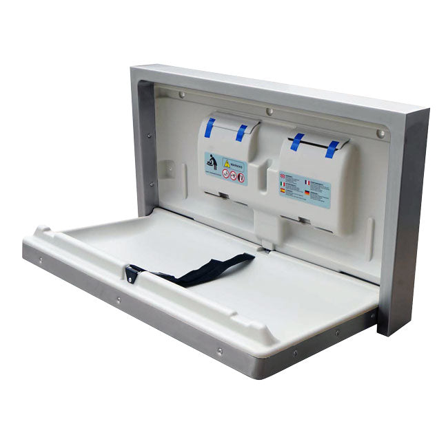 BABY CHANGE STATION TABLE 19-1/2X33-1/2X23H IN HORIZONTAL MOUNT HDPE INTERIOR 304 SS EXTERIOR 18GA