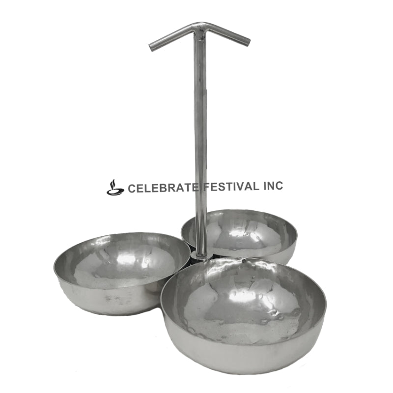 Stainless steel pickle and chutney stand with 3 attached hammered bowls