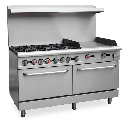 Omcan CE-CN-0006-GN 60″ Commercial Gas Range with 6 Burners, 24″ Griddle and 2 Standard Ovens 282,000 BTU – Natural Gas