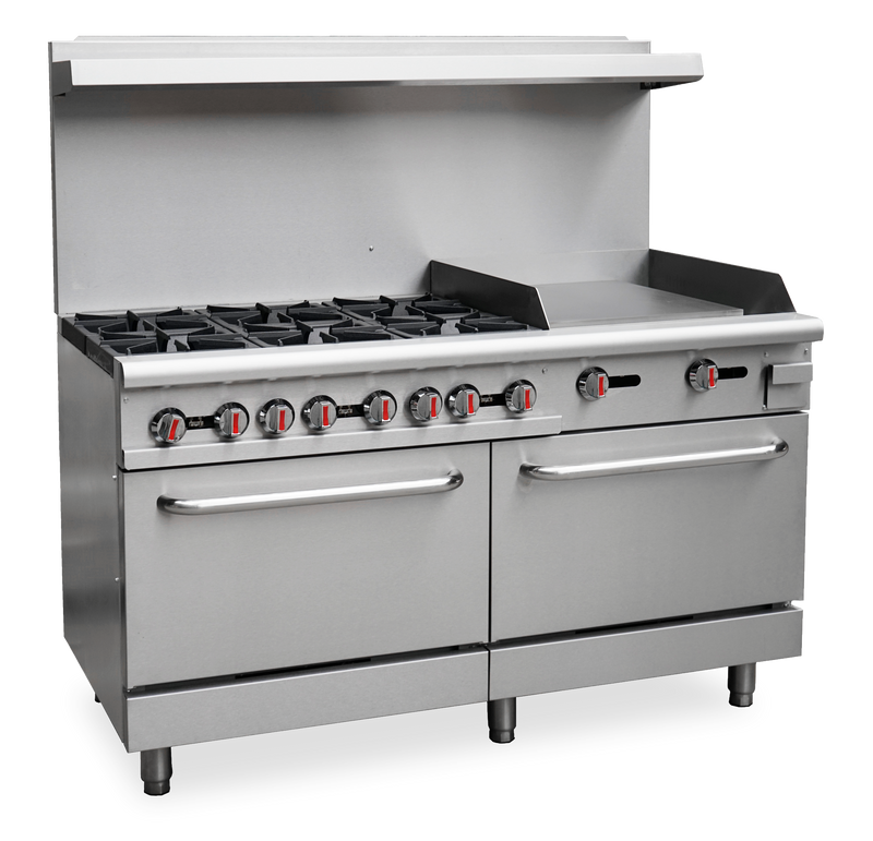 Omcan CE-CN-0006-GN 60″ Commercial Gas Range with 6 Burners, 24″ Griddle and 2 Standard Ovens 282,000 BTU – Natural Gas