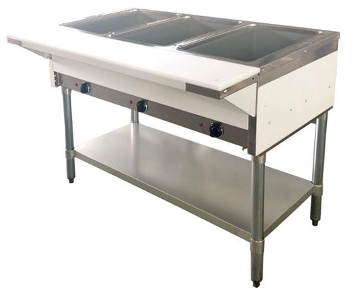 Omcan FW-CN-0003-H 44″ 3 Pan Open Well Electric Steam Table with Cutting Board and Adjustable Undershelf, 208-240 V, 1 Ph, 2.25 kW – 3 kW
