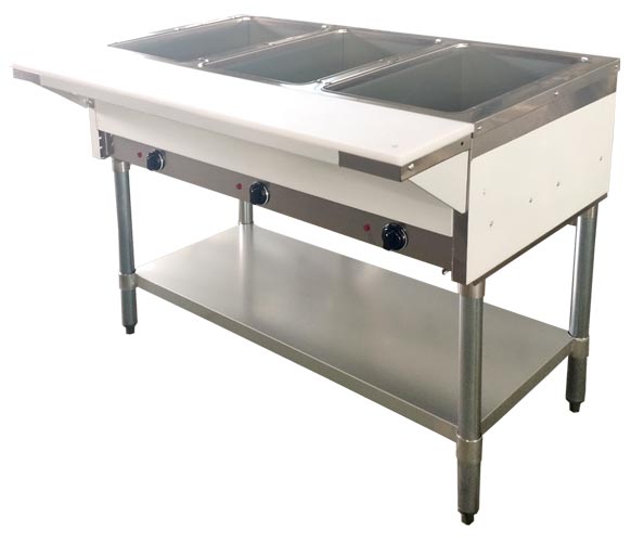 Omcan FW-CN-0003-H 44″ 3 Pan Open Well Electric Steam Table with Cutting Board and Adjustable Undershelf, 208-240 V, 1 Ph, 2.25 kW – 3 kW