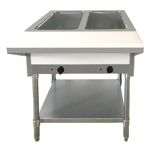 Omcan FW-CN-0002-H 30″ 2 Pan Open Well Electric Steam Table with Cutting Board and Adjustable Undershelf – 240 V, 1 Phase, 2 kW