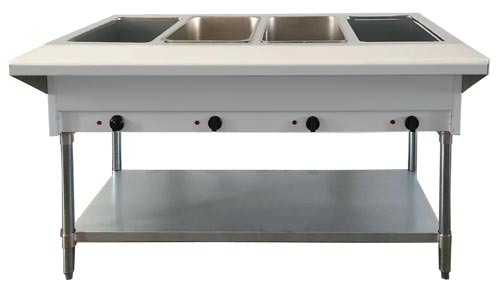 Omcan FW-CN-0004-DH 58″ 4 Pan Open Well Electric Steam Table with Cutting Board and Adjustable Undershelf, 208-240 V, 1 Ph, 3 kW – 4 kW