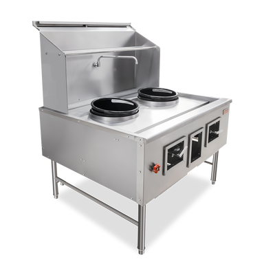 Omcan CE-CN-W2L0-NG Two Chamber Wok Range with 2 x 13″ Rings, Backsplash, Faucet, 190,000 BTU – Natural Gas