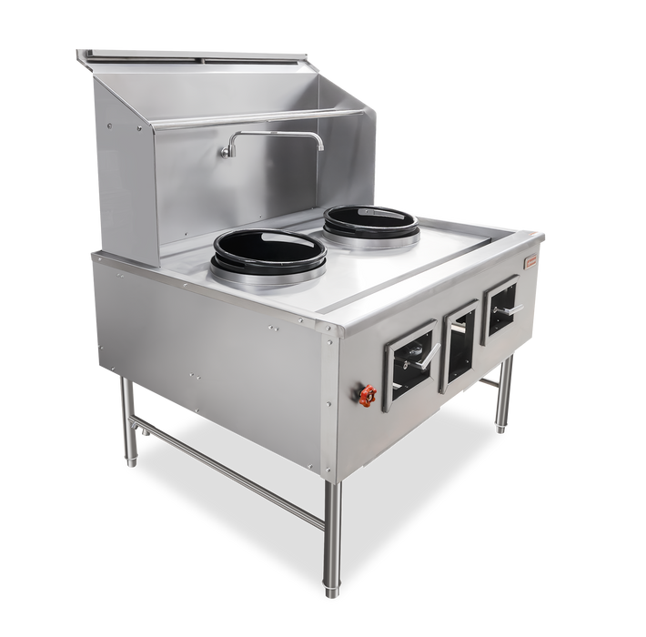 Omcan CE-CN-W2L0-NG Two Chamber Wok Range with 2 x 13″ Rings, Backsplash, Faucet, 190,000 BTU – Natural Gas