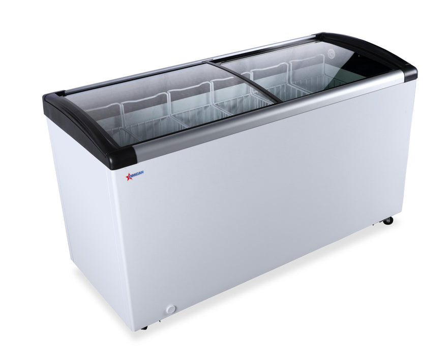 Omcan FR-CN-0366 57″ Ice Cream Display Chest Freezer with Curved Glass Top, 9.3 cu.ft. Capacity – 110 V, 270 W