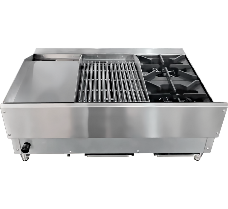 Omcan CE-CN-12H12C12G 36″ Countertop Gas Combination Hot Plate, Charbroiler and Griddle Combo- 115,000 BTU Natural Gas