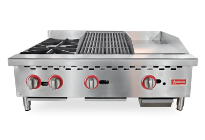 Omcan CE-CN-12H12C12G 36″ Countertop Gas Combination Hot Plate, Charbroiler and Griddle Combo- 115,000 BTU Natural Gas