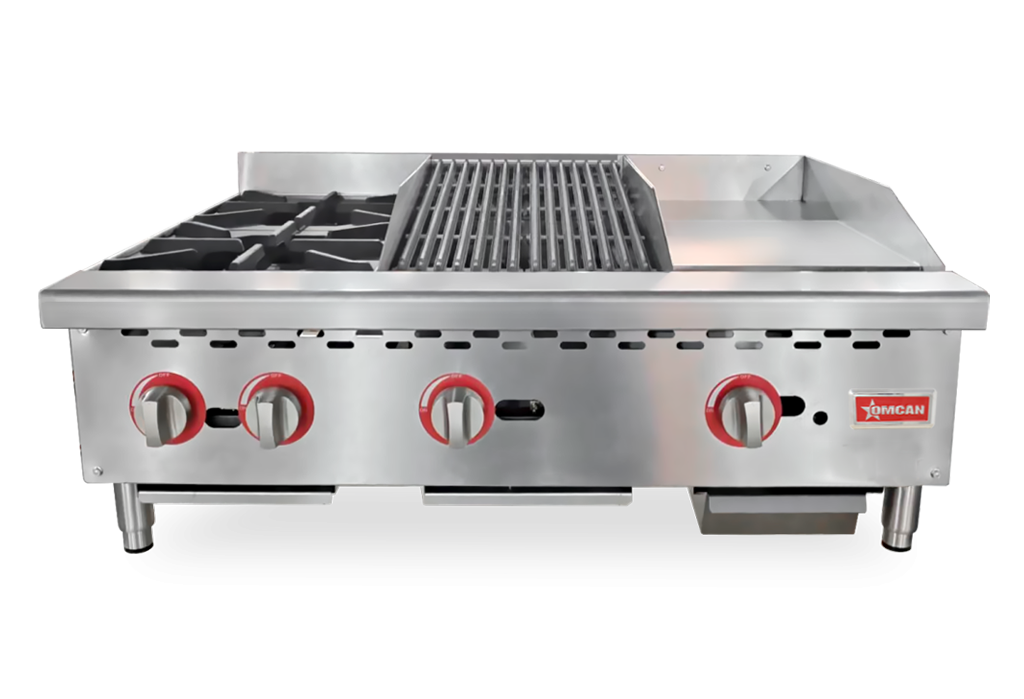 Omcan CE-CN-12H12C12G 36″ Countertop Gas Combination Hot Plate, Charbroiler and Griddle Combo- 115,000 BTU Natural Gas