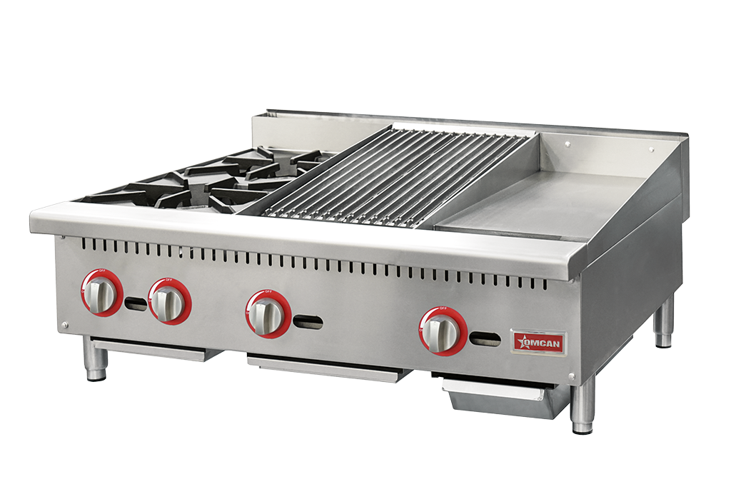Omcan CE-CN-12H12C12G 36″ Countertop Gas Combination Hot Plate, Charbroiler and Griddle Combo- 115,000 BTU Natural Gas