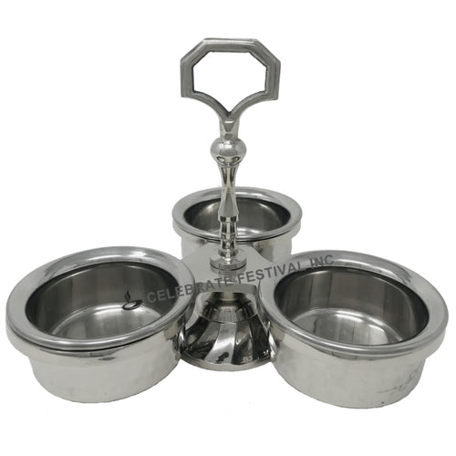 Stainless steel pickle stand with 3 hammered condiment bowls