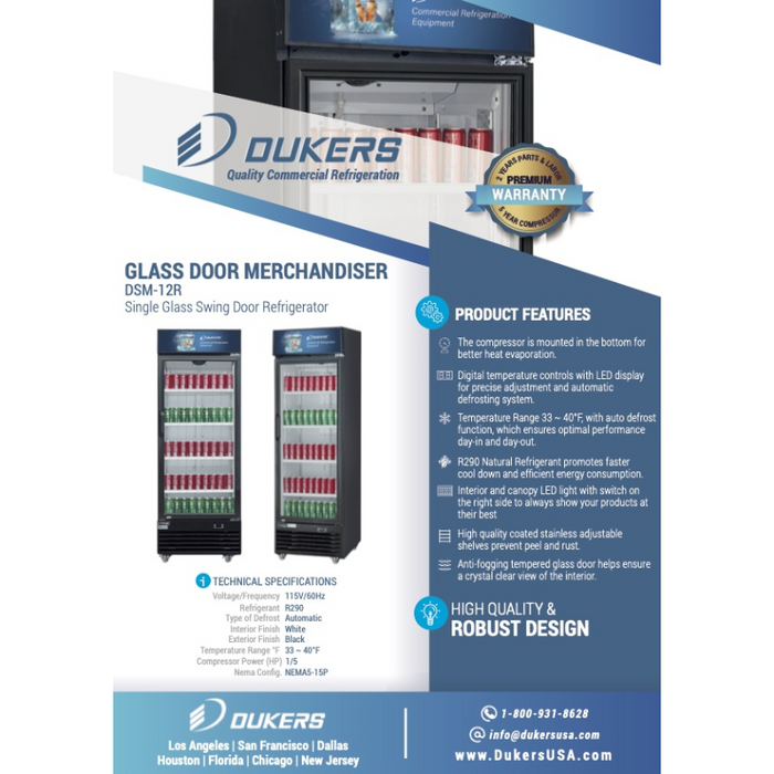 Dukers Glass Door Merchandiser Refrigerator DSM-12R Commercial Single Glass Swing Door Merchandiser Refrigerator