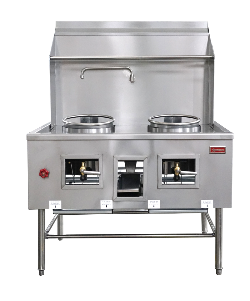 Omcan CE-CN-W2L0-NG Two Chamber Wok Range with 2 x 13″ Rings, Backsplash, Faucet, 190,000 BTU – Natural Gas