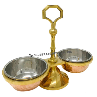 Elegant 2-bowl pickle and dip server with copper finish and brass handle
