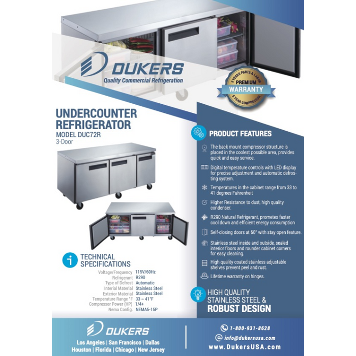 Dukers Undercounter Refrigerator DUC72R 3-Door Undercounter Commercial Refrigerator in Stainless Steel