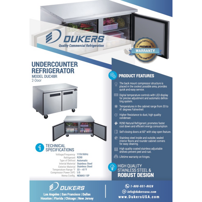 Dukers Undercounter Refrigerator DUC48R 2-Door Undercounter Refrigerator in Stainless Steel