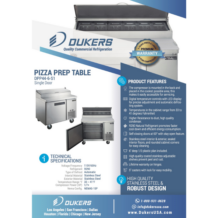 Dukers Pizza Prep Table Refrigerator DPP44-6-S1 Commercial Single Door Pizza Prep Table Refrigerator