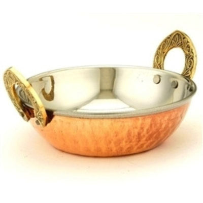 Hammered copper and stainless steel kadai bowl with welded handle
