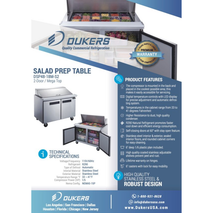 Dukers Food Prep Table Refrigerator DSP48-18M-S2 2-Door Commercial Food Prep Table Refrigerator in Stainless Steel with Mega Top