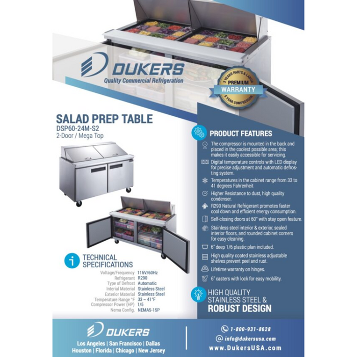 Dukers Food Prep Table Refrigerator DSP60-24M-S2 2-Door Commercial Food Prep Table Refrigerator in Stainless Steel with Mega Top