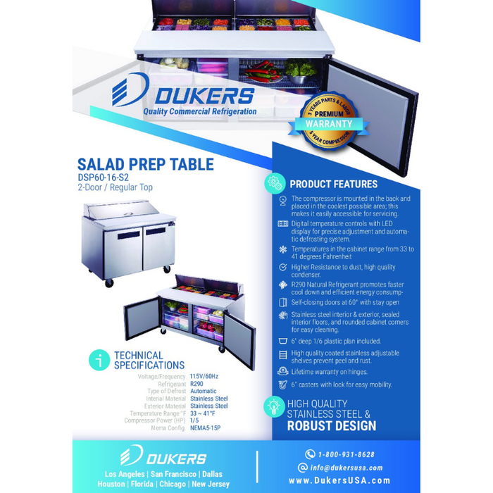 Dukers Food Prep Table Refrigerator DSP60-16-S2 2-Door Commercial Food Prep Table Refrigerator in Stainless Steel