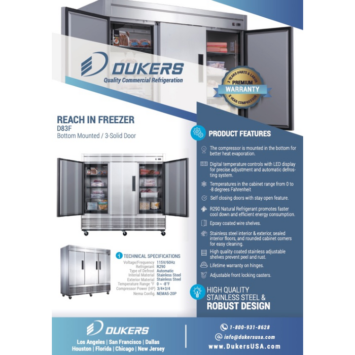 Dukers Reach-Ins Refrigerator D83F 3-Door Commercial Freezer in Stainless Steel
