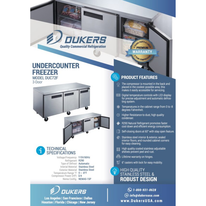 Dukers Undercounter Freezer DUC72F 3-Door Undercounter Commercial Freezer in Stainless Steel