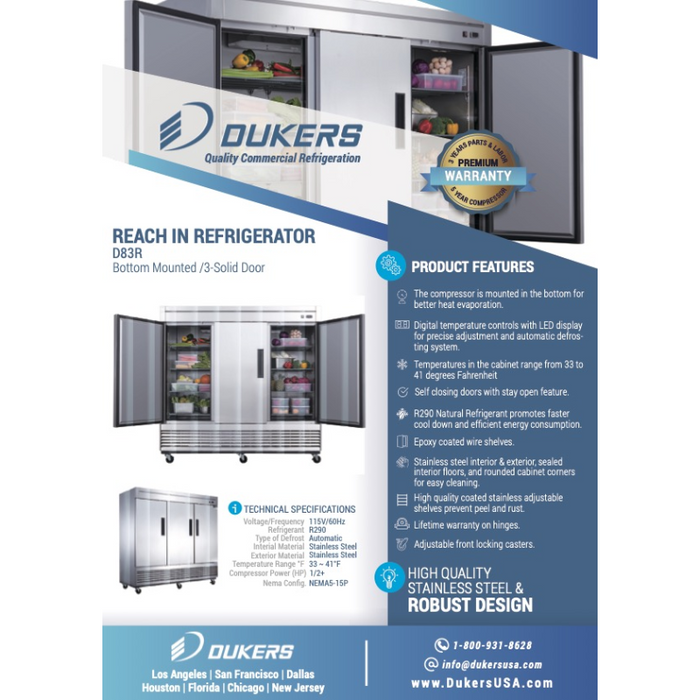Dukers Reach-Ins Refrigerator D83R 3-Door Commercial Refrigerator in Stainless Steel