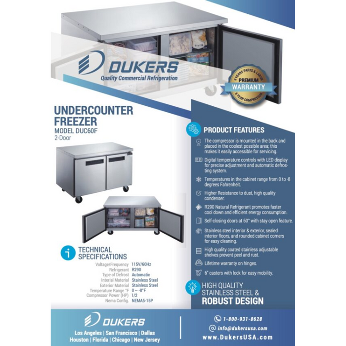 Dukers Undercounter Freezer DUC60F 2-Door Undercounter Commercial Freezer in Stainless Steel