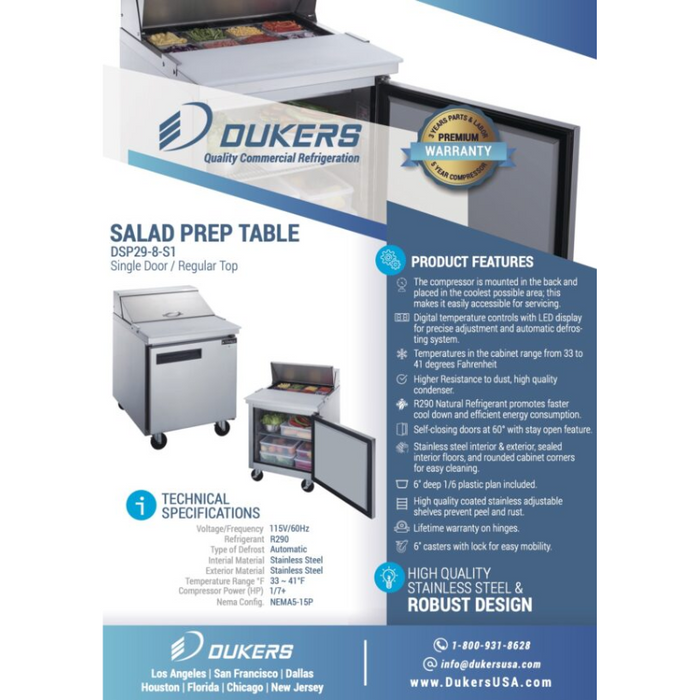 Dukers Food Prep Table Refrigerator DSP29-8-S1 1-Door Commercial Food Prep Table Refrigerator in Stainless Steel