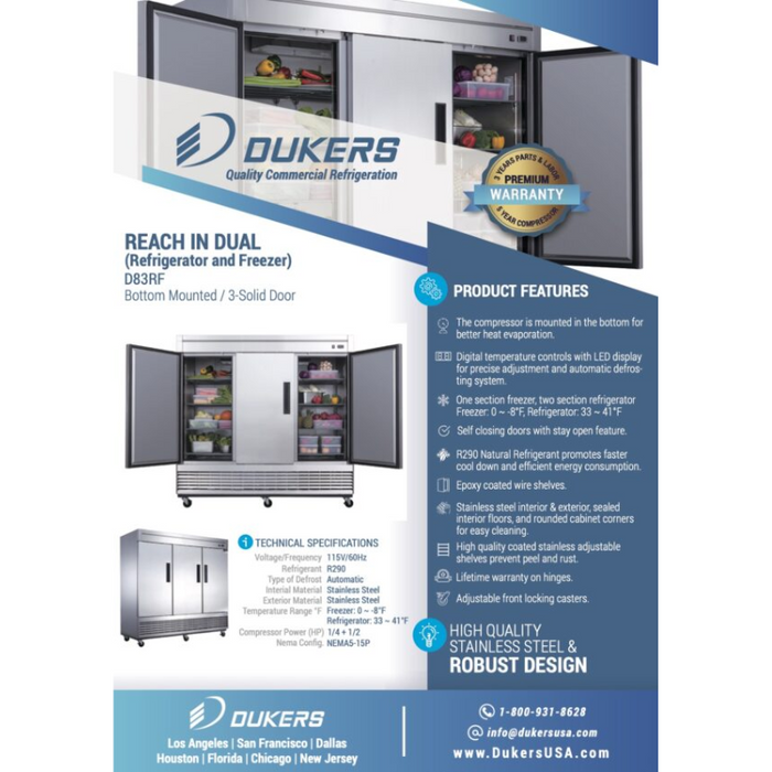 Dukers Reach-Ins Refrigerator D83RF 3-Door Dual Zone Refrigerator & Freezer in Stainless Steel