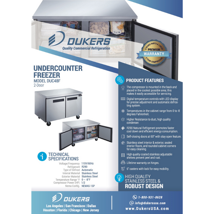 Dukers Undercounter Freezer DUC48F 2-Door Undercounter Freezer in Stainless Steel