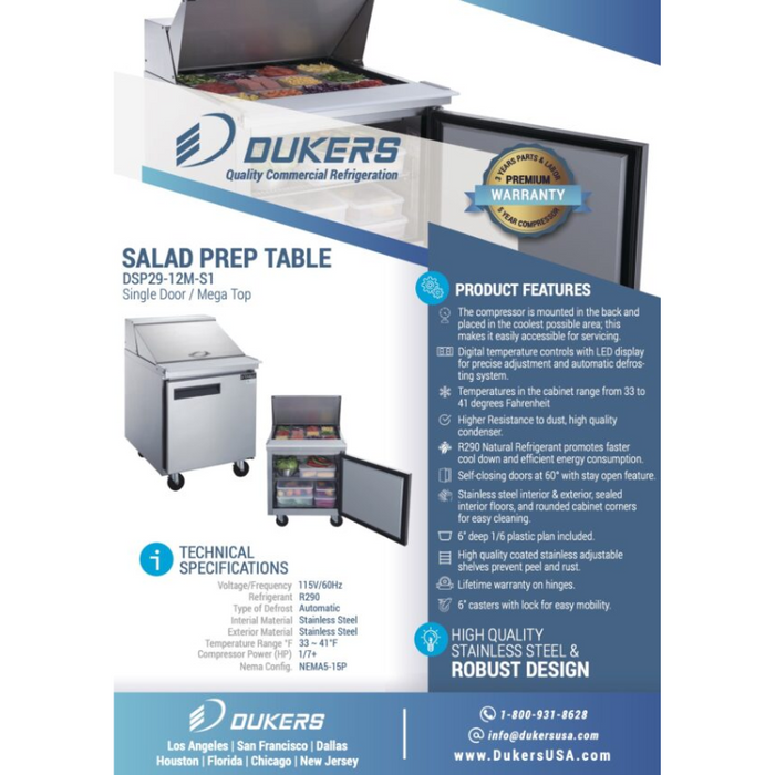 Dukers Food Prep Table Refrigerator DSP29-12M-S1 1-Door Commercial Food Prep Table Refrigerator in Stainless Steel with Mega Top